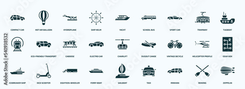 flat filled transportation icons set. glyph icons such as compact car, ship helm, sport car, , electro car, vintage bicycle, icebreaker ship, ferry boat, minivan, rowing icons.
