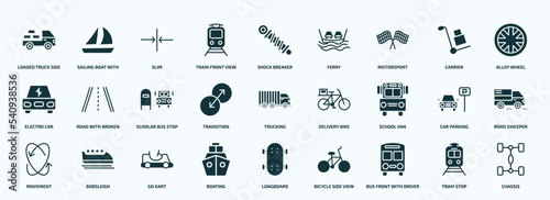 flat filled transport icons set. glyph icons such as loaded truck side view, train front view, motorsport, electro car, transition, school van, movement, boating, bus front with driver, tram stop