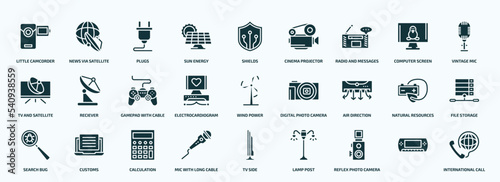flat filled technology icons set. glyph icons such as little camcorder, sun energy, radio and messages, tv and satellite, electrocardiogram line, air direction, search bug, mic with long cable,