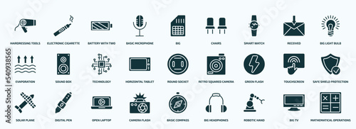 flat filled technology icons set. glyph icons such as hairdressing tools, basic microphone, smart watch, evaporation, horizontal tablet, green flash, solar plane, camera flash, robotic hand, big tv