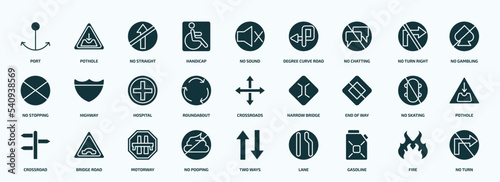 flat filled traffic signs icons set. glyph icons such as port, handicap, no chatting, no stopping, roundabout, end of way, crossroad, no pooping, gasoline, fire icons.