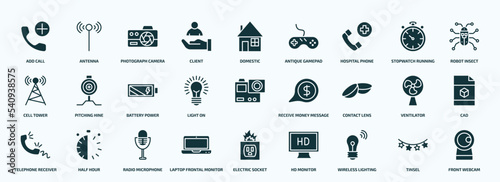 flat filled technology icons set. glyph icons such as add call, client, hospital phone, cell tower, light on, contact lens, telephone receiver, laptop frontal monitor, wireless lighting, tinsel