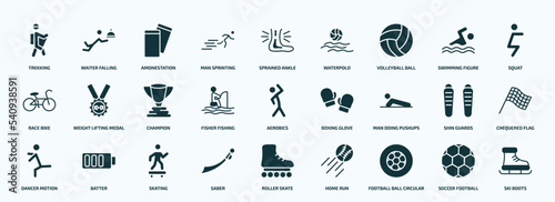 flat filled sports icons set. glyph icons such as trekking, man sprinting, volleyball ball, race bike, fisher fishing, man doing pushups, dancer motion, saber, football ball circular, soccer