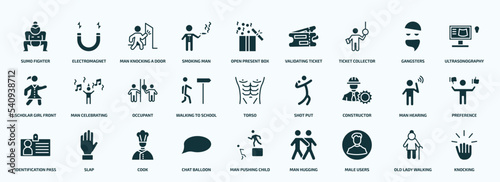 flat filled people icons set. glyph icons such as sumo fighter, smoking man, ticket collector, scholar girl front, walking to school, constructor, identification pass, chat balloon, male users, old