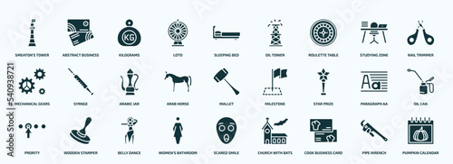 flat filled other icons set. glyph icons such as smeaton's tower, loto, roulette table, mechanical gears, arab horse, star prize, prority, women's bathroom, cook business card, pipe wrench icons.