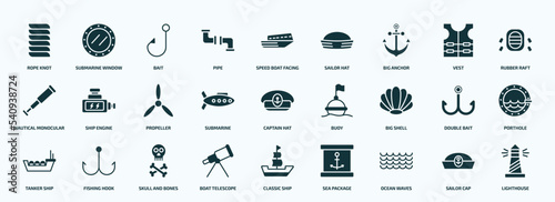 flat filled nautical icons set. glyph icons such as rope knot, pipe, big anchor, nautical monocular, submarine, big shell, tanker ship, boat telescope, ocean waves, sailor cap icons.