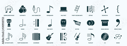 flat filled music and media icons set. glyph icons such as downloaded music cloud, semiquaver, octave, djembe, half note, cymbals, sixteenth note, bass guitar, playlist, cd icons.