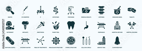 flat filled medical icons set. glyph icons such as diagtic, intestines, vertebra, nutrionist, phary tool, esophagus, crutches couple, molecular structure, dentist tool, plastered foot icons.