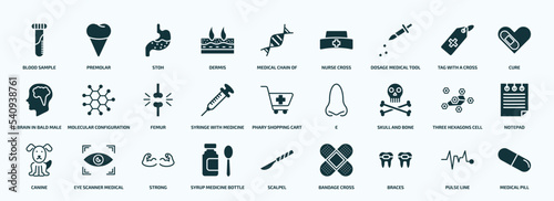 flat filled medical icons set. glyph icons such as blood sample, dermis, dosage medical tool, brain in bald male head, syringe with medicine, skull and bone, canine, syrup medicine bottle, braces,