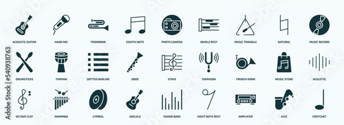 flat filled music and media icons set. glyph icons such as acoustic guitar, eighth note, music triangle, drumsticks, oboe, french horn, octave clef, ukelele, amplifier, jazz icons.