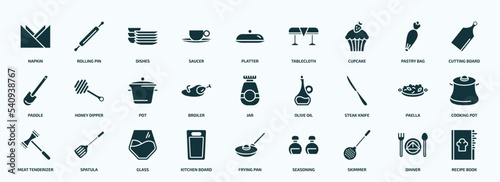 flat filled kitchen icons set. glyph icons such as napkin, saucer, cupcake, paddle, broiler, steak knife, meat tenderizer, kitchen board, skimmer, dinner icons.