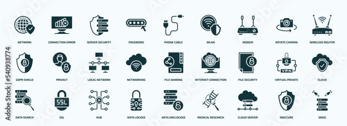 flat filled internet security icons set. glyph icons such as network, password, modem, gdpr shield, networking, file security, data search, data locked, cloud server, insecure icons.