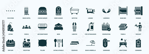 flat filled hotel and restaurant icons set. glyph icons such as five stars, door hanger, hammock, lotion, beds, reservation, dim sum, eating utensils, doorknob, nightstand icons.