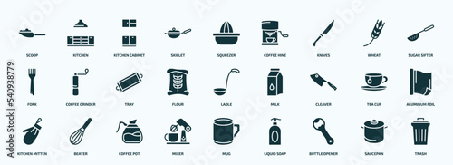 flat filled kitchen icons set. glyph icons such as scoop, skillet, knives, fork, flour, cleaver, kitchen mitten, mixer, bottle opener, saucepan icons.