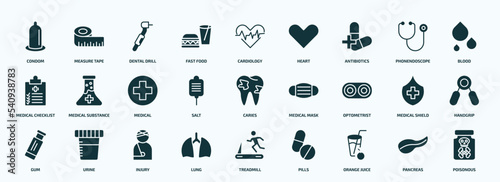 flat filled health and medical icons set. glyph icons such as condom, fast food, antibiotics, medical checklist, salt, optometrist, gum, lung, orange juice, pancreas icons.