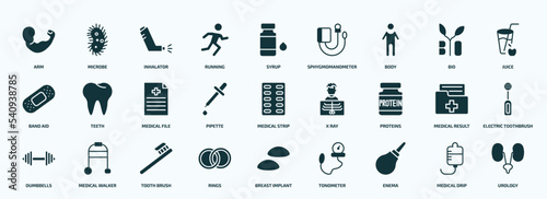 flat filled health and medical icons set. glyph icons such as arm, running, body, band aid, pipette, proteins, dumbbells, rings, enema, medical drip icons.