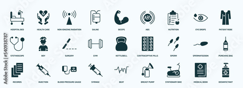 flat filled health and medical icons set. glyph icons such as hospital bed, saline, nutrition, stethoscope, gym, sperm, records, syringe, stationary bike, medical book icons.