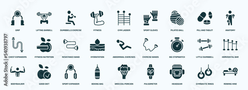 flat filled gym and fitness icons set. glyph icons such as grip, fitness, pilates ball, chest expanders, hydratation, big stopwatch, bodybuilder, boxing bag, headgear, gymnastic rings icons.