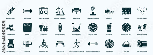flat filled gym and fitness icons set. glyph icons such as energy snack, running treadmill, trainers, sport wear, fitness tracker, isotonic, fitness body, step, iron shoot, gym bag icons.