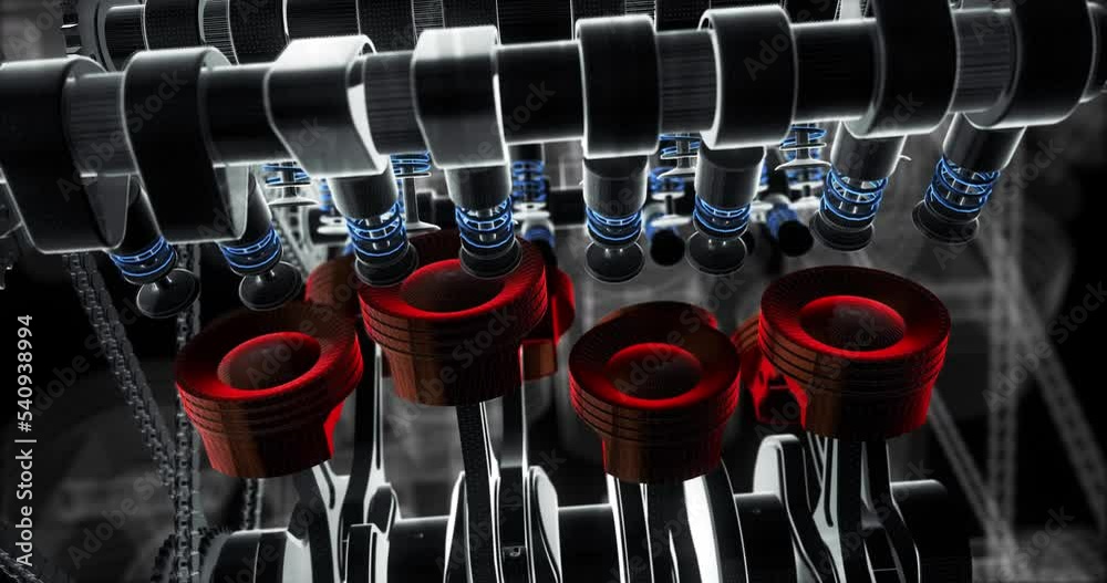 Powerful Car Engine Pistons Moving Up And Down. V8 Engine. Machines And