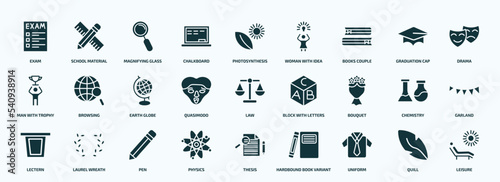 flat filled education icons set. glyph icons such as exam, chalkboard, books couple, man with trophy, quasimodo, bouquet, lectern, physics, uniform, quill icons.