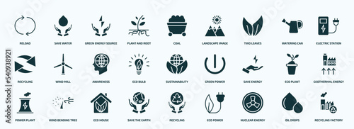 flat filled ecology icons set. glyph icons such as reload, plant and root, two leaves, recycling, eco bulb, save energy, power plant, save the earth, nuclear energy, oil drops icons.
