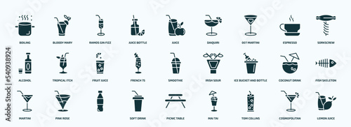 flat filled drinks icons set. glyph icons such as boiling, juice bottle, 007 martini, alcohol, french 75, ice bucket and bottle, martini, soft drink, tom collins, cosmopolitan icons.