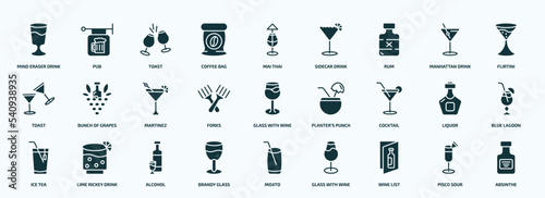 flat filled drinks icons set. glyph icons such as mind eraser drink, coffee bag, rum, toast, forks, cocktail, ice tea, brandy glass, wine list, pisco sour icons.