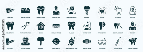 flat filled dentist icons set. glyph icons such as denture, healthy boy, dental, holed tooth, lingual braces, apicoectomy, dentures, baby dental, toothache, dental probe icons.