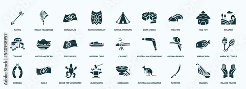 flat filled cultures icons set. glyph icons such as native, native american mask, meat pie, cork hat, imperial carp, aw on a branch, chorizo, blacksmith, scimitar, kankles icons.