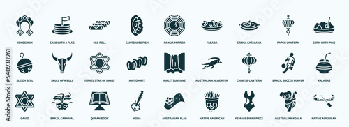 flat filled culture icons set. glyph icons such as kokoshnik, cantonese fish, crema catalana, sleigh bell, ajotomate, chinese lantern, david, kora, female bikini piece, australian koala icons.