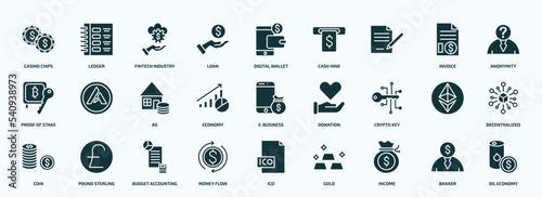 flat filled cryptocurrency icons set. glyph icons such as casino chips, loan, , proof of stake, economy, crypto key, coin, money flow, income, banker icons.