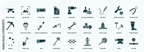 flat filled construction tools icons set. glyph icons such as wheel barrow, gallon oil, drawing, pick axe, iron soldering, traffic cone, loader, antique key, polishers, anvil icons.