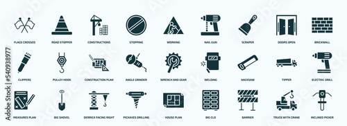 flat filled construction icons set. glyph icons such as flags crossed, stopping, scraper, clippers, angle grinder, hacksaw, measures plan, pickaxes drilling, barrier, truck with crane icons.