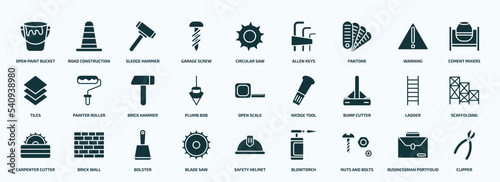 flat filled construction tools icons set. glyph icons such as open paint bucket, garage screw, pantone, tiles, plumb bob, bump cutter, carpenter cutter, blade saw, nuts and bolts, businessman