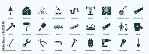 flat filled construction and tools icons set. glyph icons such as trowel, construction works, drain, screw, dumper, hand saw, gardening rake, caulk gun, cordless drill, putty knife icons.
