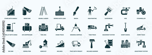 flat filled construction icons set. glyph icons such as stairs with handle, derrick with load, sand brush, trolley with cargo, crane truck, adjusment system, big saw, inclined, cement, icons.