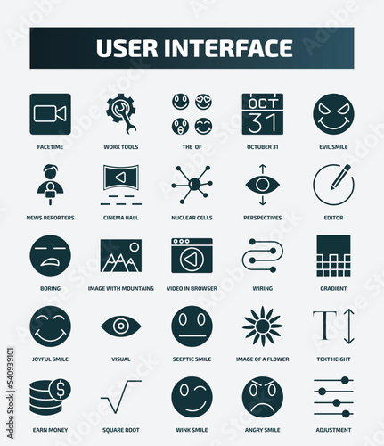 set of 25 filled user interface icons. flat filled icons such as facetime, work tools, evil smile, nuclear cells, boring, wiring, visual, text height, wink smile, angry smile icons.