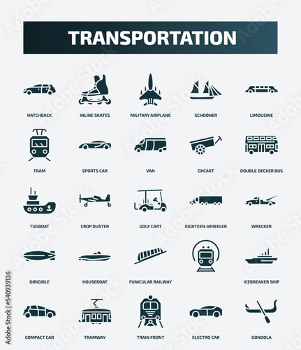 set of 25 filled transportation icons. flat filled icons such as hatchback, inline skates, limousine, van, tugboat, eighteen-wheeler, houseboat, icebreaker ship, train front, electro car icons.
