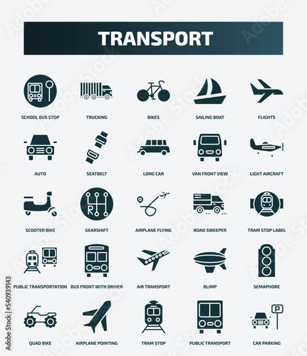 set of 25 filled transport icons. flat filled icons such as school bus stop, trucking, flights, long car, scooter bike, road sweeper, bus front with driver, semaphore, tram stop, public transport