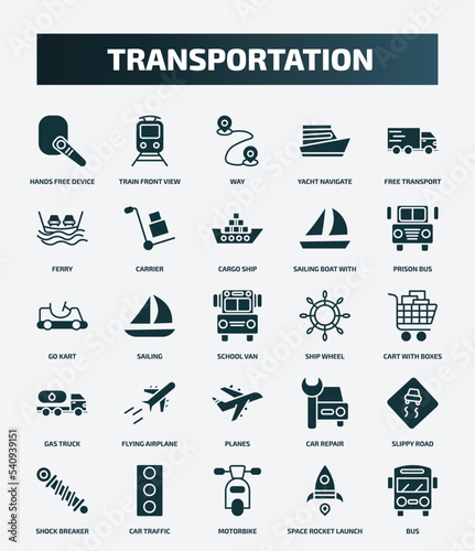 set of 25 filled transportation icons. flat filled icons such as hands free device, train front view, free transport, cargo ship, go kart, ship wheel, flying airplane, slippy road, motorbike, space