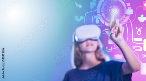 Vr, woman and digital tech hologram, icons and virtual reality mockup space. Metaverse, 3d future app or female click virtual world button, cyber ux or online, internet or web interface for software