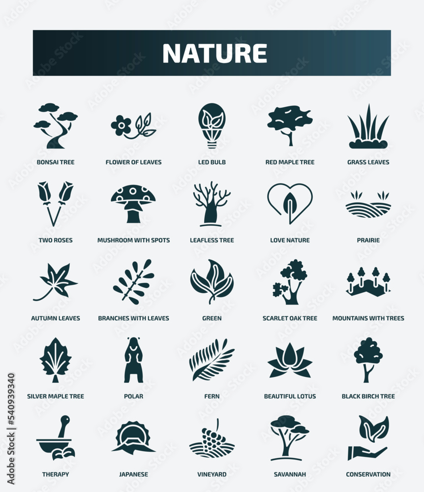 set of 25 filled nature icons. flat filled icons such as bonsai tree, flower of leaves, grass leaves, leafless tree, autumn leaves, scarlet oak tree, polar, black birch vineyard, savannah icons.