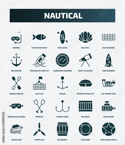 set of 25 filled nautical icons. flat filled icons such as snorkel, fish facing right, ocean waves, submarine window, double paddle, prawn facing left, paddles, ship engine, big barrel, lifesaver
