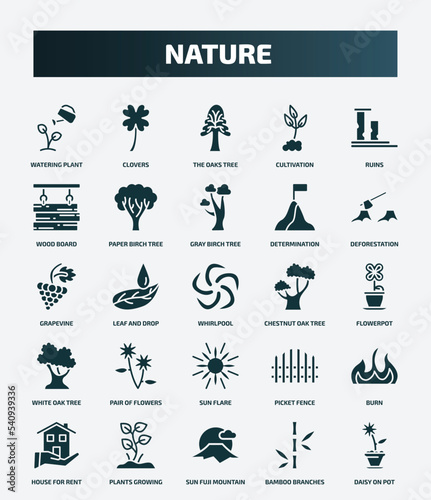 set of 25 filled nature icons. flat filled icons such as watering plant, clovers, ruins, gray birch tree, grapevine, chestnut oak tree, pair of flowers, burn, sun fuji mountain, bamboo branches