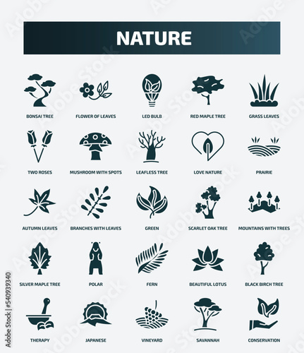 set of 25 filled nature icons. flat filled icons such as bonsai tree, flower of leaves, grass leaves, leafless tree, autumn leaves, scarlet oak tree, polar, black birch vineyard, savannah icons.
