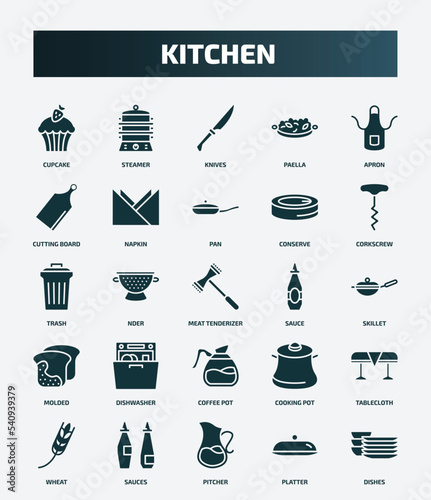 set of 25 filled kitchen icons. flat filled icons such as cupcake, steamer, apron, pan, trash, sauce, dishwasher, tablecloth, pitcher, platter icons.