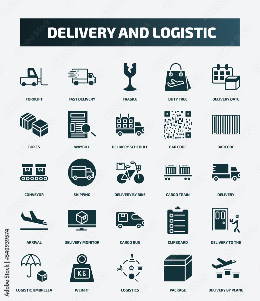 set of 25 filled delivery and logistic icons. flat filled icons such as forklift, fast delivery, delivery date, schedule, conveyor, cargo train, monitor, to the door, logistics, package icons. set of 25 filled delivery and logistic icons. flat filled icons such as forklift, fast delivery, delivery date, schedule, conveyor, cargo train, monitor, to the door, logistics, package icons.