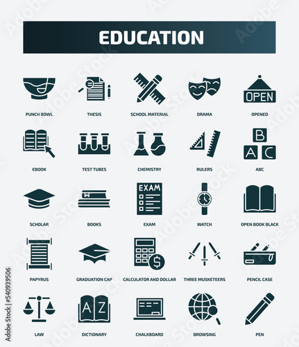 set of 25 filled education icons. flat filled icons such as punch bowl, thesis, opened, chemistry, scholar, watch, graduation cap, pencil case, chalkboard, browsing icons.