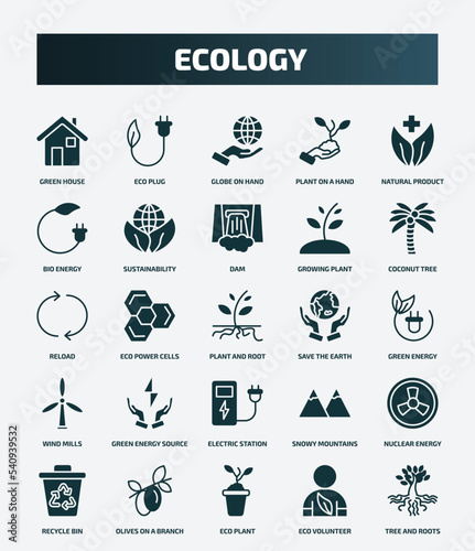 set of 25 filled ecology icons. flat filled icons such as green house, eco plug, natural product, dam, reload, save the earth, green energy source, nuclear energy, eco plant, eco volunteer icons.